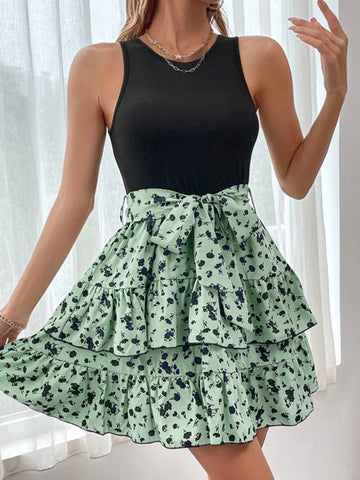 Women Floral Ruffled Layer Sleeveless Mini Dress Casual Tie Waist Short Tank Dress Beach A Line hort Dress with Belt Summer