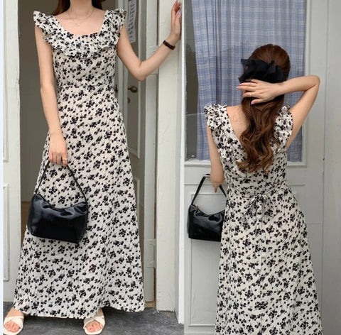 Chic Korean Clothes Design Autumn Women Sleeveless Japan Girls Cute Floral Printed Retro Vintage Date Black Long Maxi Dress