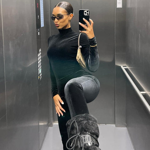 Autumn Velvet Sexy Y2K Clothes Long Sleeve O-Neck Bodycon Skinny Zipper Jumpsuit Women Sporty Streetwear Romper Outfits