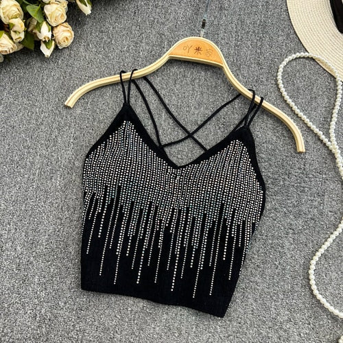 Chic Glitter Sequin Camis Sexy Backless Fashion Tank Top Slim Corset Bustier Bra Basic Straps Summer Women Party Crop Top Ins