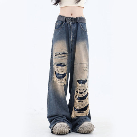 Y2K Vintage Black Hole Women Jeans Bf Summer Blue High Waist Hip Hop Loose Wide Leg Pants Korean Solid Straight Denim Pants New