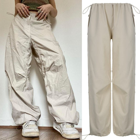 Women Wide Leg Cargo Pants Y2K Vintage Low Waist Drawstring Joggers Tech Pants Casual Solid Hippie Streetwear Baggy Trousers