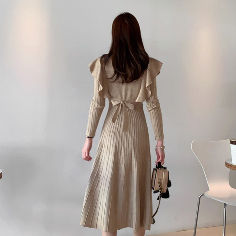 Vintage Elegant O-Neck Female Thicken Knit Long Dress Slim Full Sleeve Ruffles Women Sweater Dresses Vestidos Autumn Winter