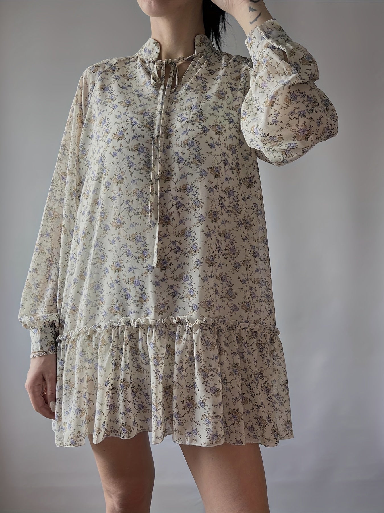 Summer Floral Print Chiffon Dress for Petite Women Sexy A-line Mini Dress with Flower Long Shirts Loose Women Ruffles Blouse Top