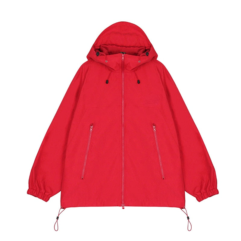 Autumn Waterproof Jacket with Hooded Women Pure Color Zipper Loose Windbreaker Korean Fashion Y2k Clothing Trench Coat Chic