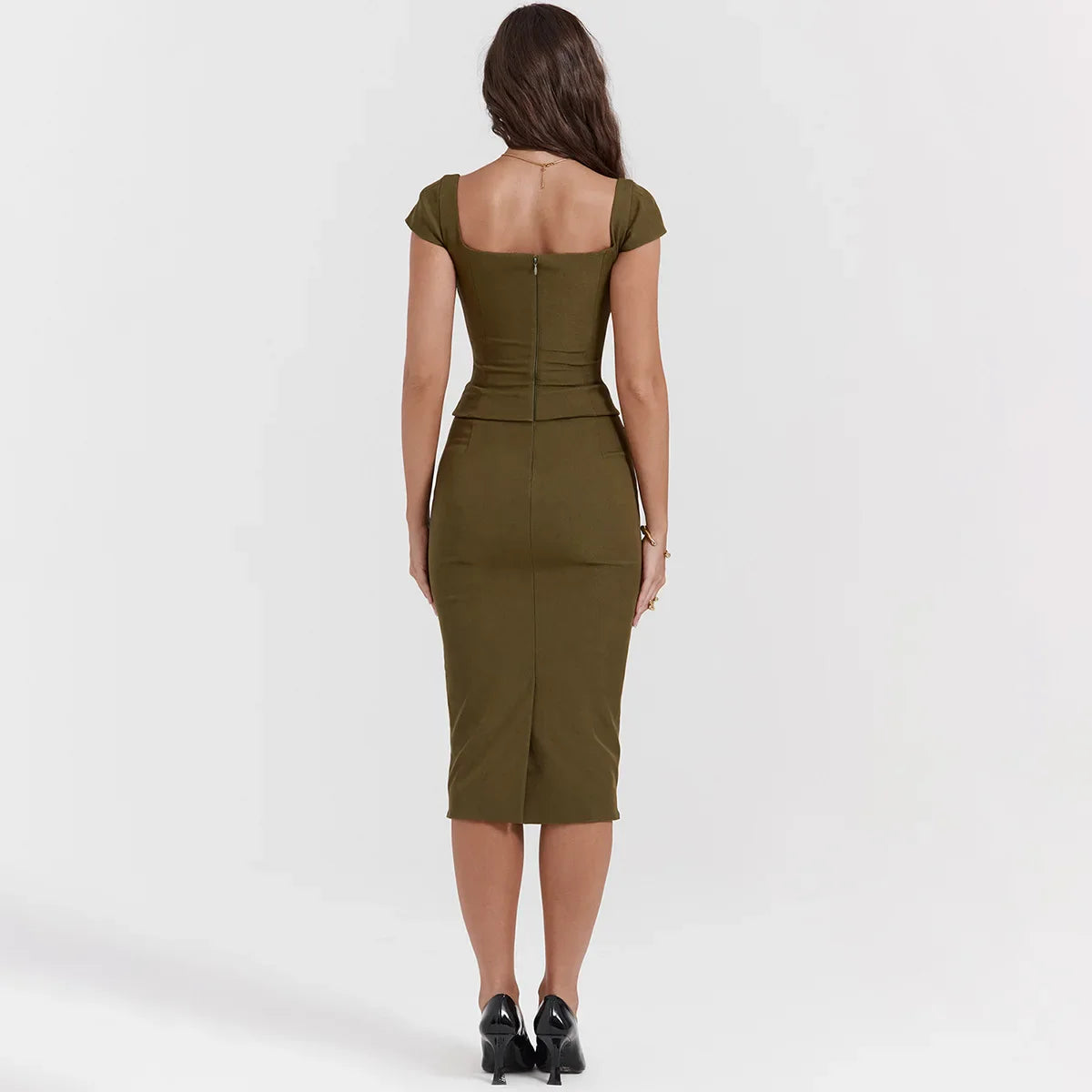 Elegant Knee Length Midi Dress Olive Green One Piece Women Dress Slim Square Neck and Cape Sleeve Office Lady Dress