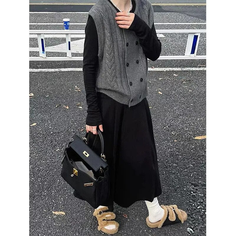 Autumn Winter Round Neck Double Breasted Knitted Vest Ladies Loose Casual All-match Cardigan Tank Top Women Sleeveless Sweater