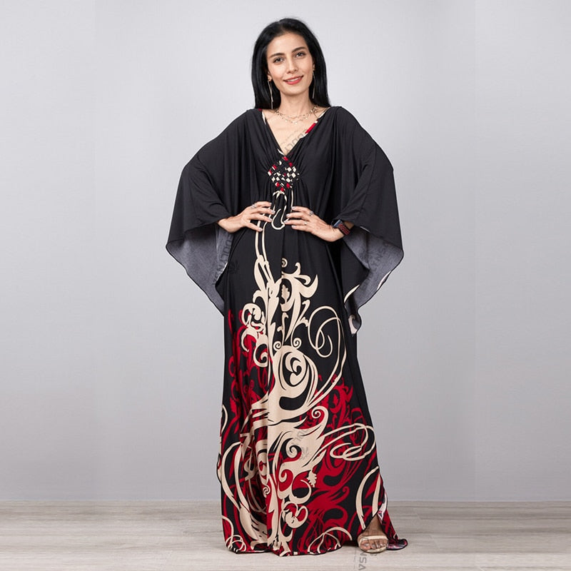 Print Maxi Dress Batwing Sleeve Tunic Spring Autumn Beach Dress Casual Plus Size Women Beachwear Kaftan Cover-ups Pbong mid size graduation outfit romantic style teen swag clean girl ideas 90s latina aesthetic