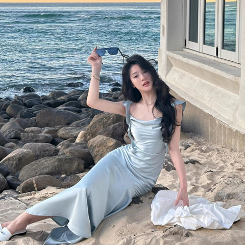 New Summer French Fashion Women Spaghetti Strap Elegant Long Mermaid Ruffles Dresses Evening Party Prom Clothes