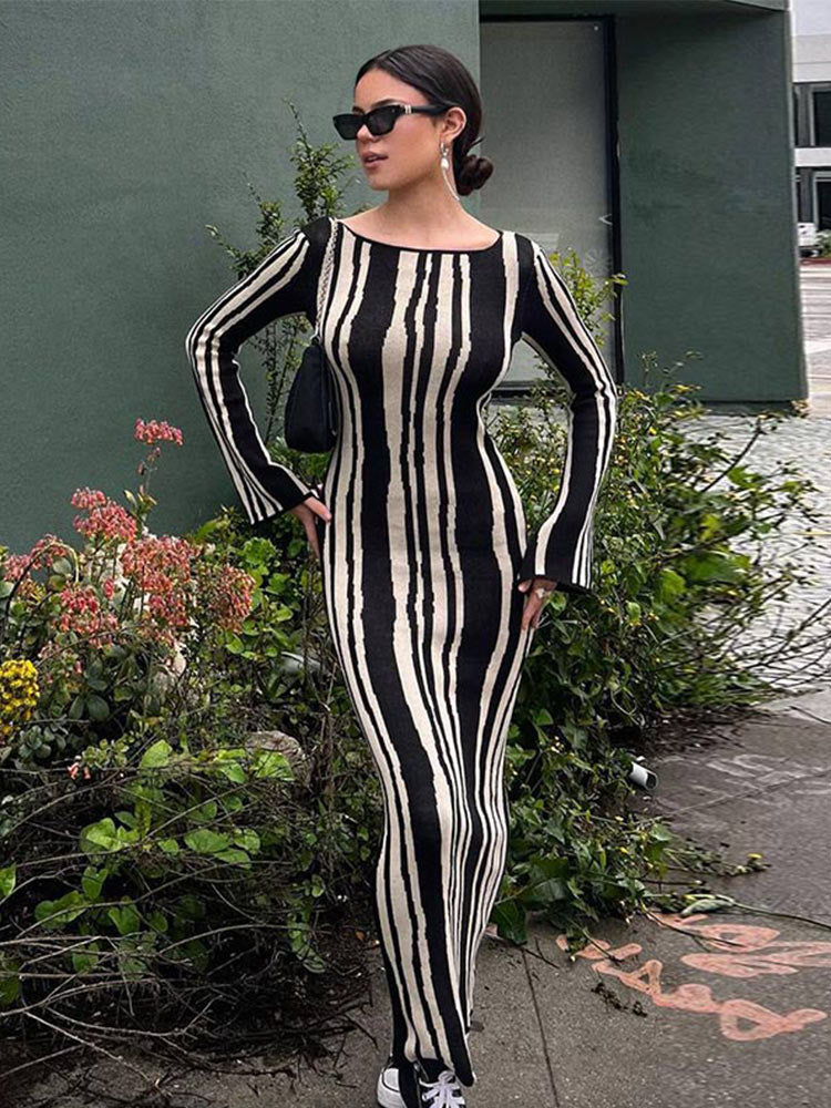 Fashion Leopard Print Women Slim Dress Striped Long Sleeve O Neck High Waist Female Dresses Spring Wave Party Evening Robe