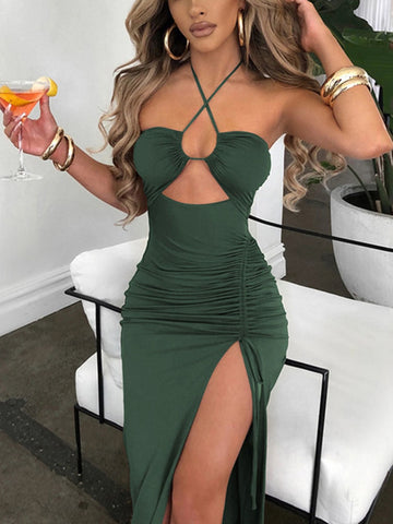 Halter Hollow Out Drawstring Long Dress Women Fashion Sleeveless Backless High Split Elegant Ruched Dress Vestidos