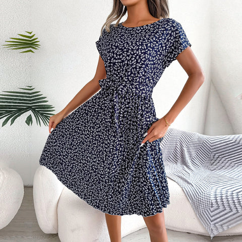 Fashion Floral Pleated A Line Long Dress Women Spring Summer Short Sleeve High Waist Chic Dress