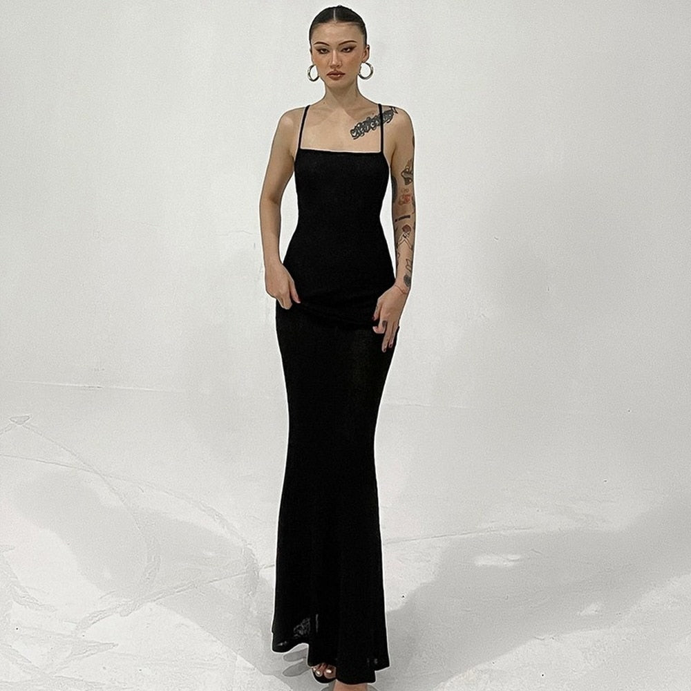 Black Elegant Temperament Long Dress for Women Sexy Spaghetti Straps Backless Evening Club Party Dresses Summer Prom Outfits