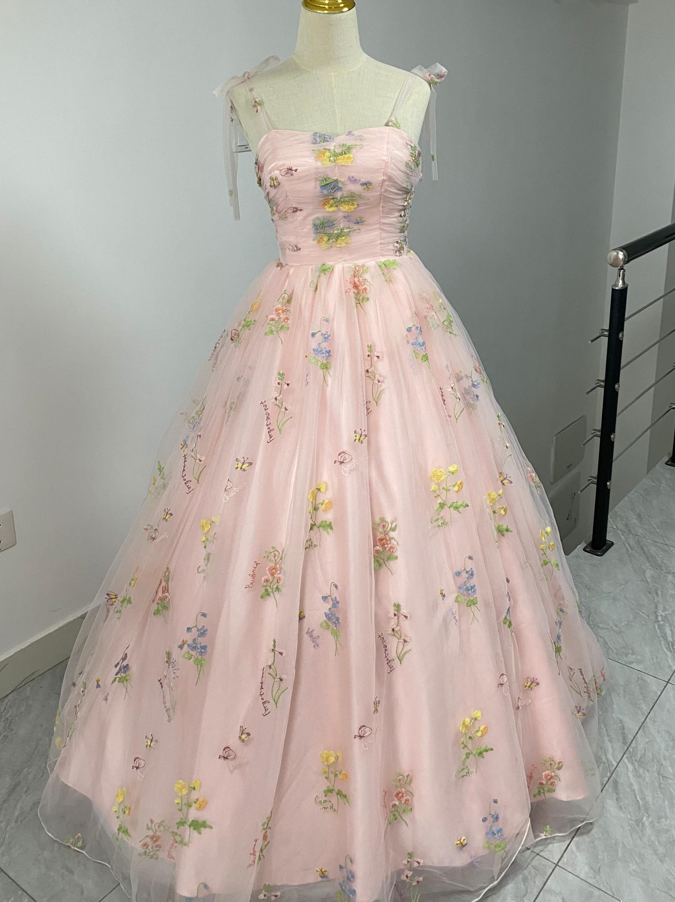 Fashion Spaghetti Strap Quinceanera Dresses New Champagne Colorful Floral Tulle Ball Gown Simple Sweet Fairy Vestido De Baile