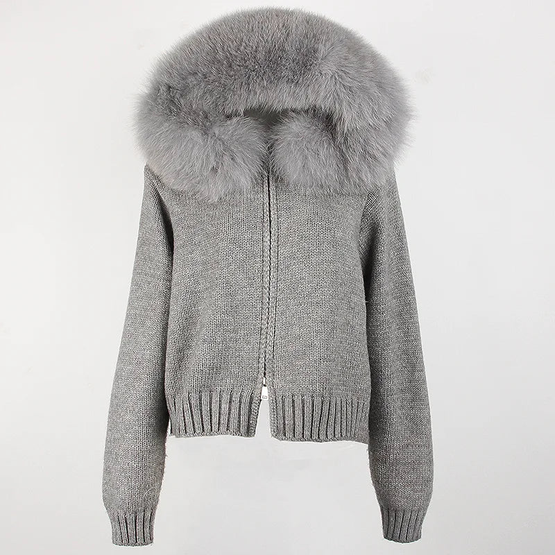 Fashion Autumn Winter Casual Hooded Real Fox Fur Collar Fashion Short Knitted Jacket with Natural Fur Coat for Women