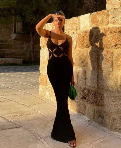 Fashion Long Evening Dress Suspenders Sleeveless Hollow Sexy Low-Cut Slim Elegant Retro Style Beautiful Women Party Wear
