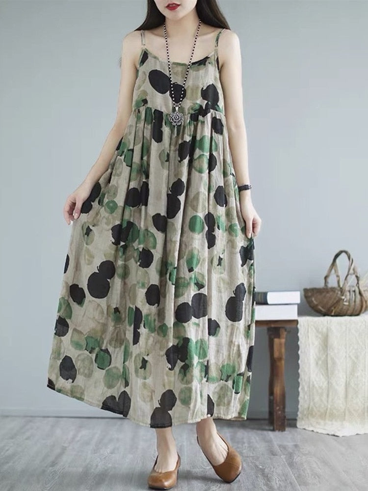 sleeveless strap vintage floral Polka Dot new in dresses for women casual loose long summer beach dress elegant clothing