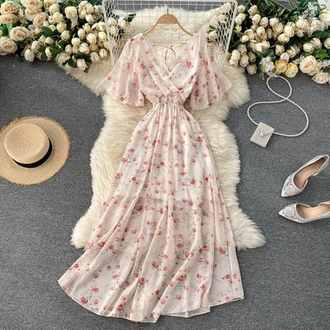 Retro Floral Print Ruffle Chiffon Elegant Midi Dress A-line V Neck Beach Vacation Dress Women Korean Fashion Summer Vestidos