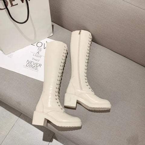 Footwear Long Ladies Boots Elegant Heeled High Heels Shoes for Women Lace-up Winter Knee Shaft with Laces White Spring Autumn Pu