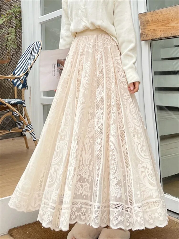 Vintage Women's Lace Crochet Umbrella Long Skirts Bohemian High Waist Hollow Out Female Maxi Skirts Spring Summer