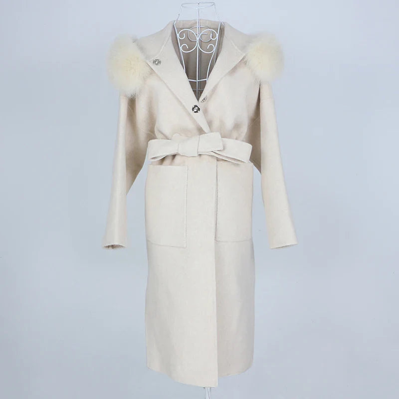 New Oversize Loose Cashmere Wool Blends Real Fur Coat Winter Jacket Women Natural Fox Fur Collar Hood Outerwear Belt