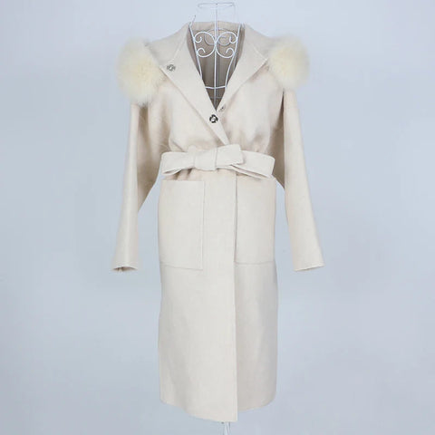 New Oversize Loose Cashmere Wool Blends Real Fur Coat Winter Jacket Women Natural Fox Fur Collar Hood Outerwear Belt