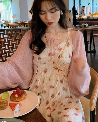 Floral Elegant Slip Dress Women Belt Designer Korean Fashion Party Dress Female Casual Vintage Chic Summer One-piece Dress