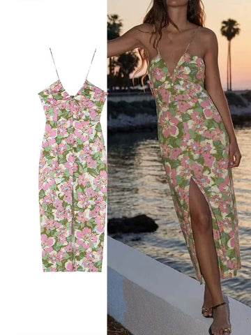 Print Slip Long Dresses for Women Corset Midi Female Dress Beach Backless Dress Women Thin Straps Summer Womens Dresses