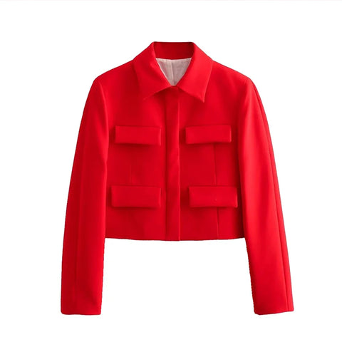 Red Solid Elegant Women Lapel Autumn Short Coat Long Sleeve Single Breasted Fashion Casual Jacket Office Lady Streetwear Outwear