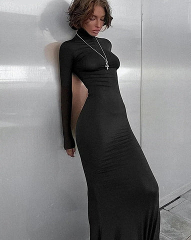 Maxi Bodycon Dress Women Long Sleeve Outfits Elegant Fashion Sexy Party Evening Club Wrap Black Winter Dress Turtleneck