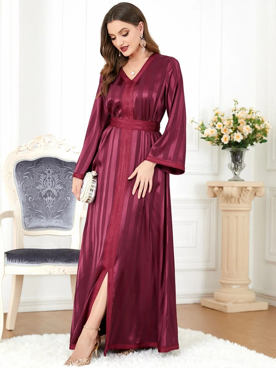 Muslim Abaya V Neck Split Party Dress Elegant Morocco Dress Women  Kaftan Turkey Arab Long Robe Vestidos Dubai Maxi Dresses