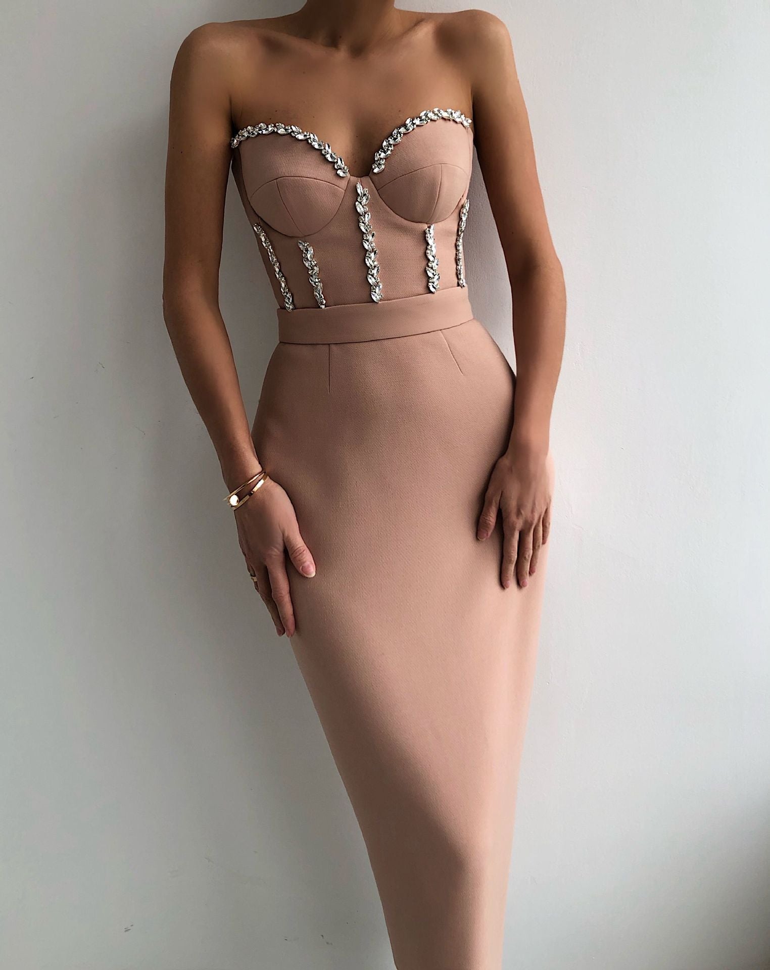 Summer Sexy Strapless Bodycon Women Bandage Dress Elegant Beading Vestido Night Club Outfit Evening Party Midi Robe Dresses