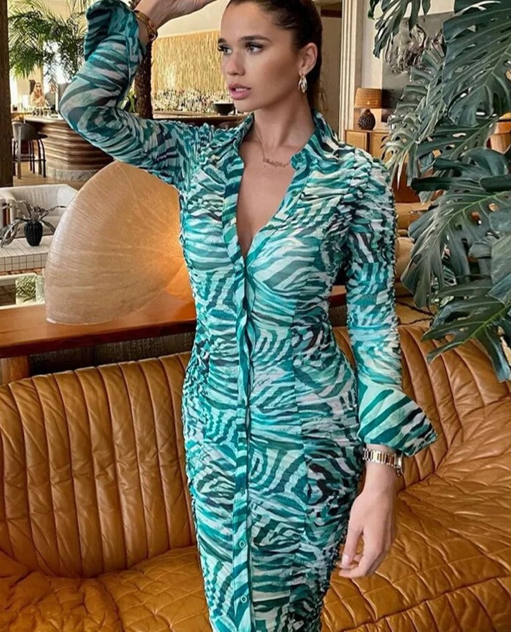 Women Elegant Long Sleeve Printed Bodycon Streetwear Green Midi Dress Autumn Clothes Wholesale Items For Business