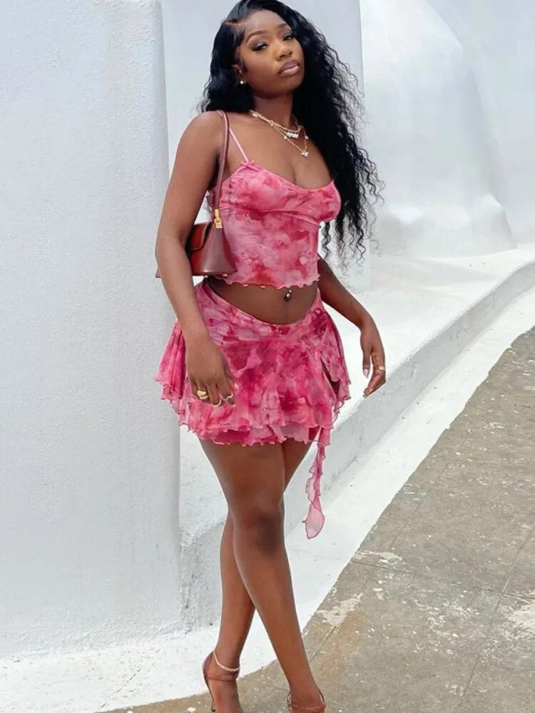 Sexy Two Piece Set Womens Outfits Spaghetti Strap Printed Crop Tops + Split Ruffles Mini Skirt Female y2k Matching Sets