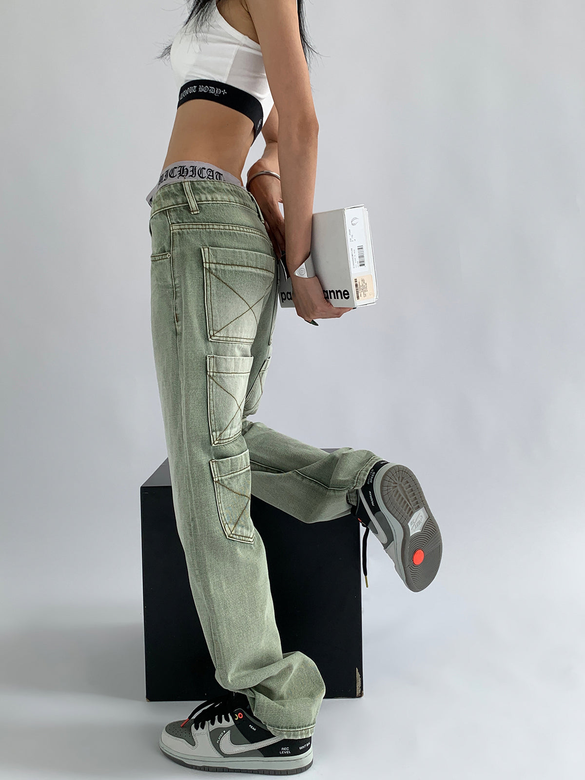 Women's Green Jeans Vintage Washed Multiple Pockets Wide Leg Pants Casual Street High Waist Baggy Denim Trouser Ladies Summer