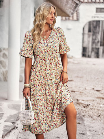 M Fashion V Neck Elegant Printed Dress  Women Summer Short Sleeve High Waist A Line Floral Holiday Dresses