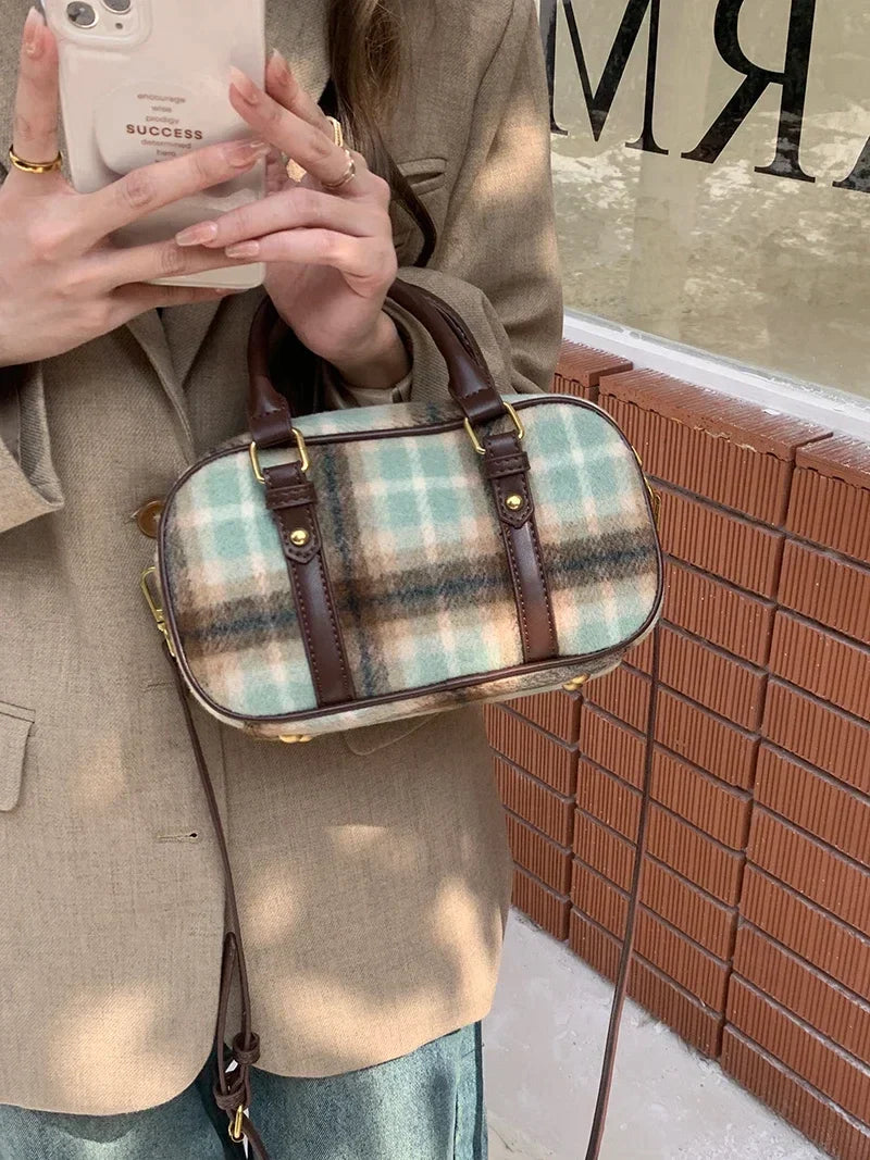 Retro Plaid Women's Small Shoulder Bag Woolen Cloth Female Crossbody Bags College Girls Handbags Clutch Purse Messenger Bag