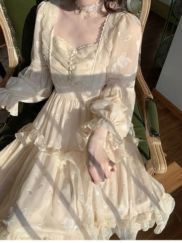 Medieval Romantic French Court Style Dress Womens Spring Flare Sleeve High Waist Elegant Female Dress Vintage Long Dresses