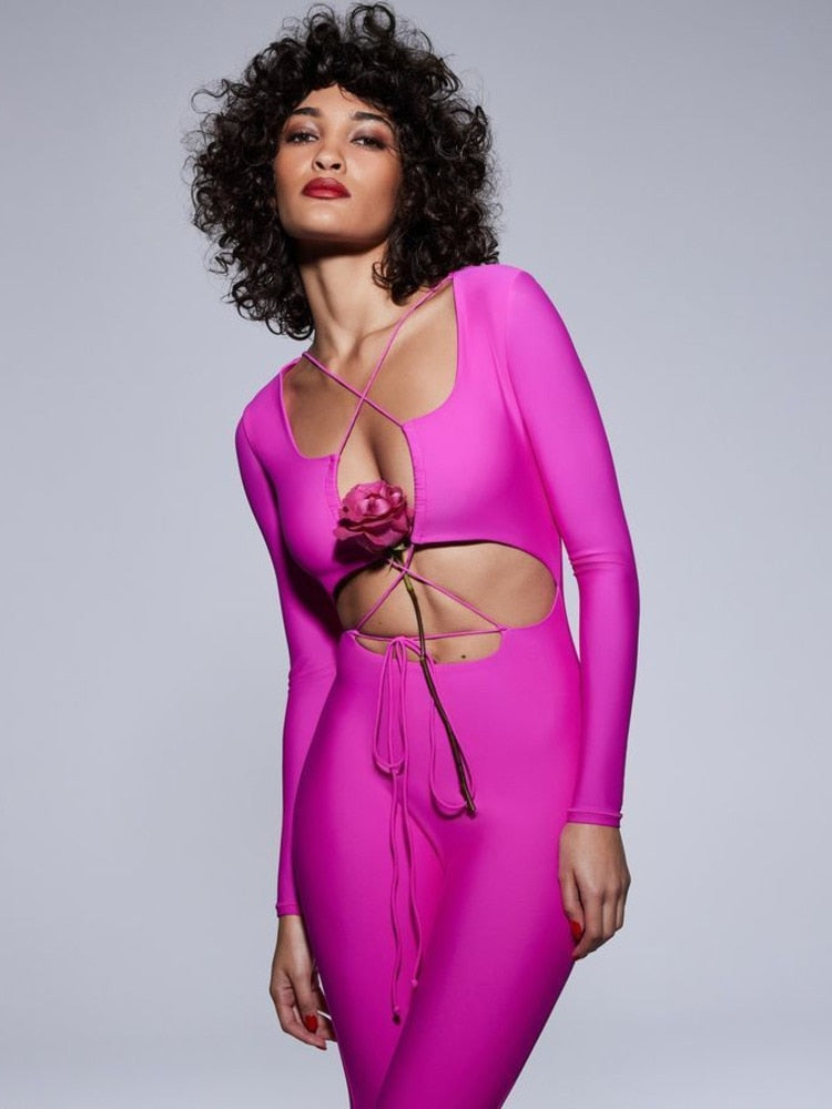 Elegant Hollow Out Backless Sexy Jumpsuit Women Playsuit Strapless Full Sleeve Bodycon Lace-up Club Party Jumpsuis