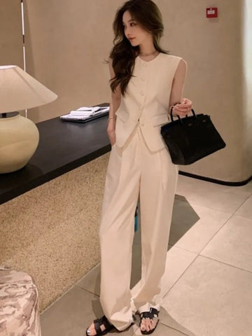 Korean Fashion Summer Pleated Skirt 2 Piece Set Women Elegant Sleeveless Button Tops+Wide Leg Pants Suits Y2k Casual Outfits