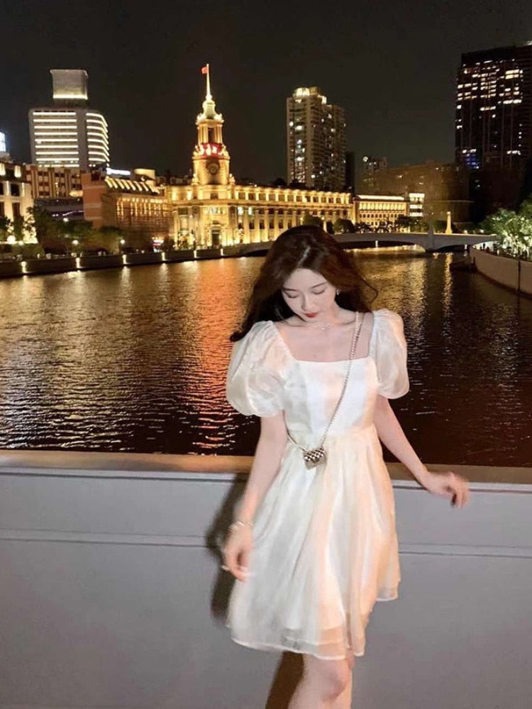 Harajuku Birthday Korean Beach Style Square Collar Short Puff Sleeve Chiffon Ball Gown Mini Dress for Women Party Summer
