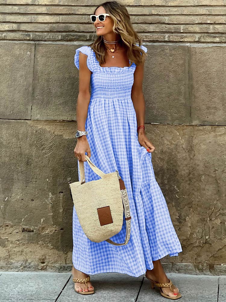 Elegant Square Collar Plaid Summer Dress Women A-line Elastic Khaki Ruffled Dresses Beach Party Sleeveless Maxi Dress