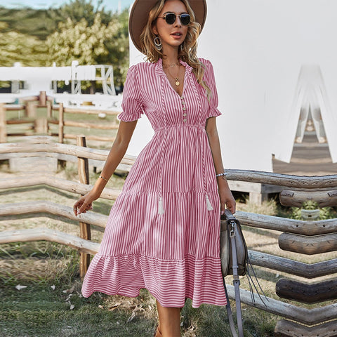 Spring Women's  Striped Dress Causal Short Sleeve Tassel Medium Long Summer V Neck Button Dresses For Female