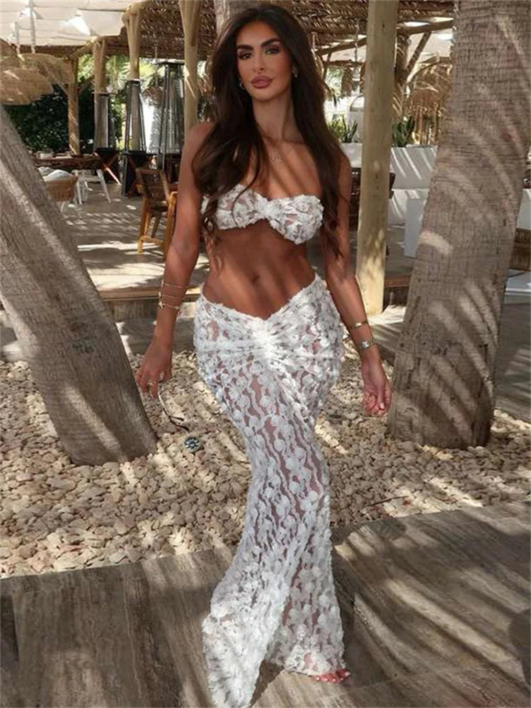 Summer Fashion 2 Piece-Set Long Dress Women Pleated See-Through High Waist Beach Holiday Outfits Ladies Maxi Skirt Sets