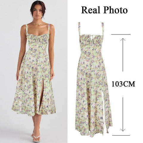 A Line Floral Printing Dress Midi Sexy Dress Prom Club Night Dresses Summer Bodycon Women Party Dress Dress Elegant