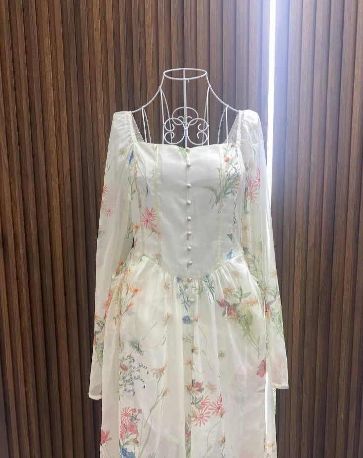 Chiffon Floral Midi Dress Office Lady Summer Elegant One Piece Dress Korean Fashion Beach Style Causal Long Sleeve Sundress