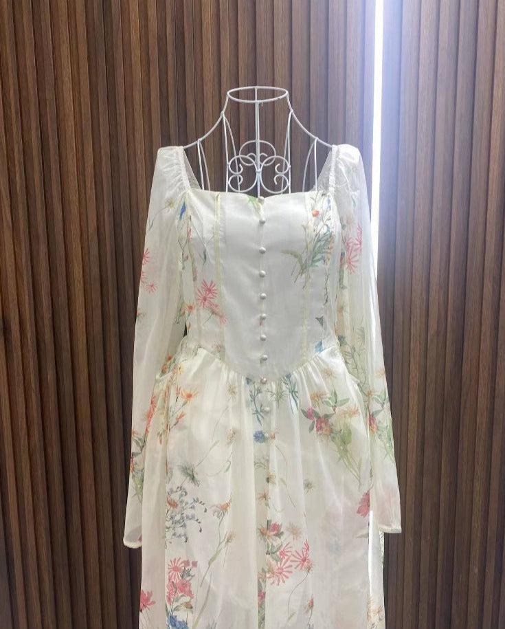 Chiffon Floral Midi Dress Office Lady Summer Elegant One Piece Dress Korean Fashion Beach Style Causal Long Sleeve Sundress