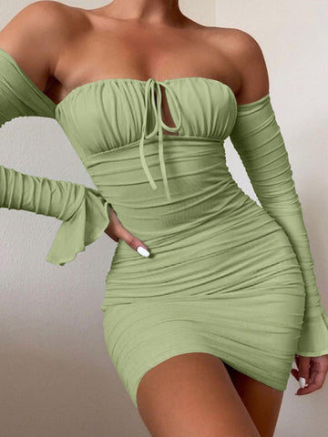 Sexy Boob Tube Top Lade-up Push Up Long Sleeve Dress Flounce Sleeve Bodycon Ruched Mini Dress Women Off Shoulder Dresses