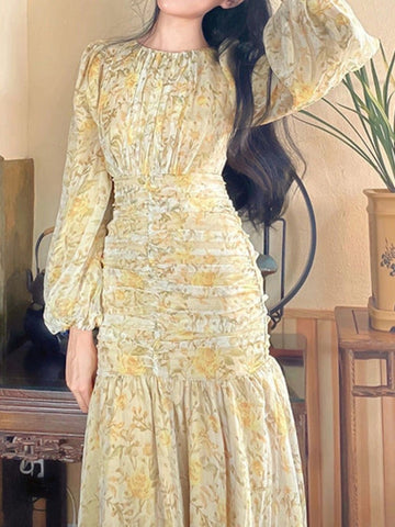 Floral Print Lace Midi Dresses for Women Clothing Elegant Long Sleeve Folds Party Prom Female Beach Bodycon Dress Summer