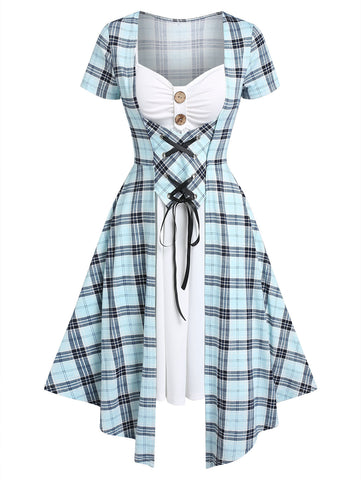 Plaid 2 In 1 Dresses  Short Sleeve Robe Plaid Print Faux Twinset Lace Up Vestido Feminino Vacation Party Streetwear